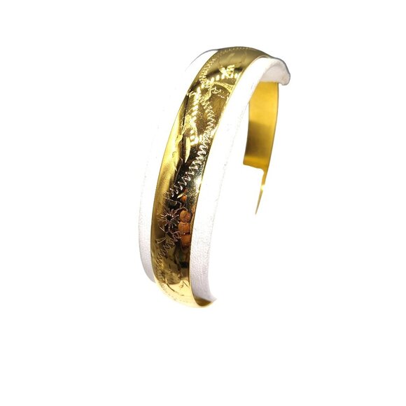 Napier Gold Tone Chased  Bangle, Vintage Etched Metal Bracelet, Floral Victorian - Picture 1 of 5